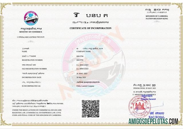 Certificado de Incorporação realista do Camboja modelo Word e PDF
